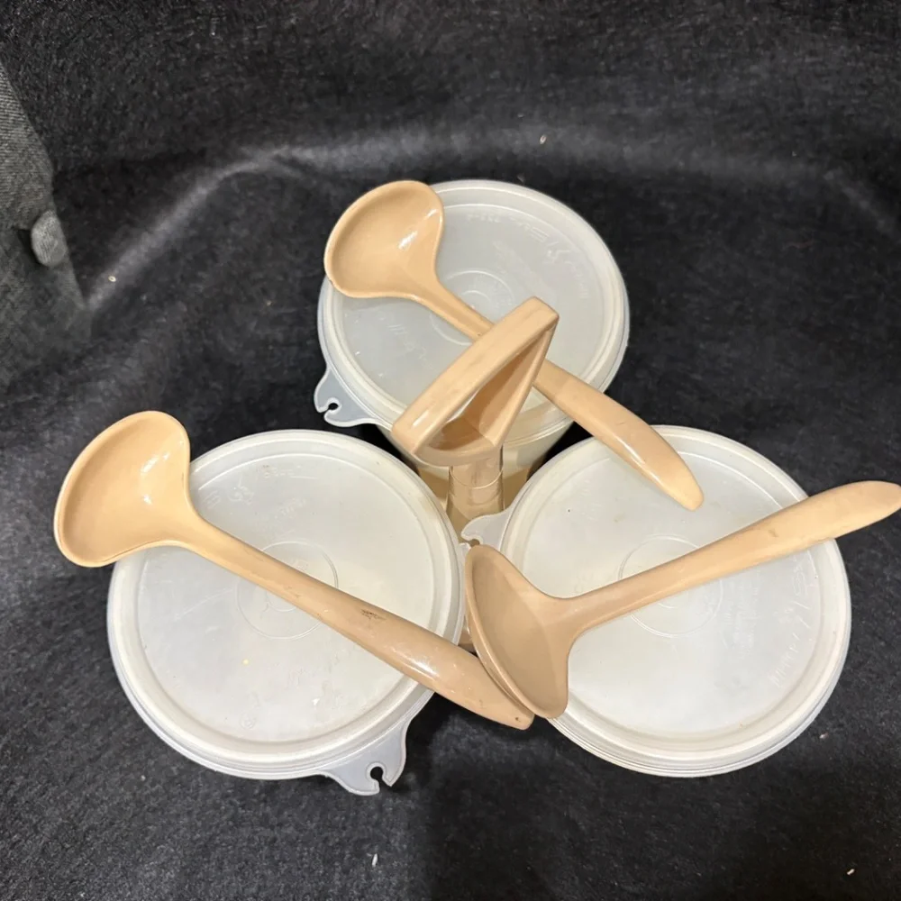 Vintage TUPPERWARE Condiment Caddy  Almond & Clear Lids With Spoons Set